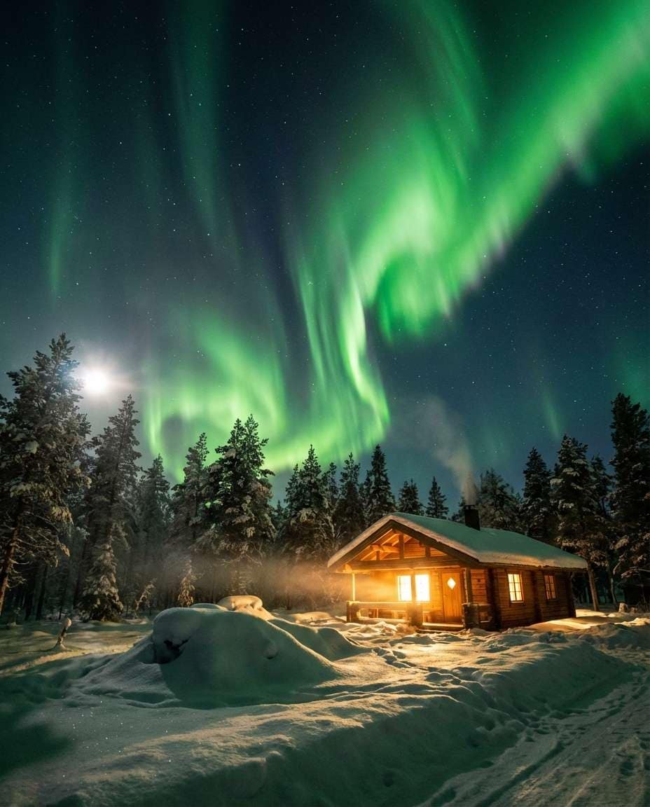 Aurora Cabin Night AI portrait example — Gemini AI Landscape Photo Prompt