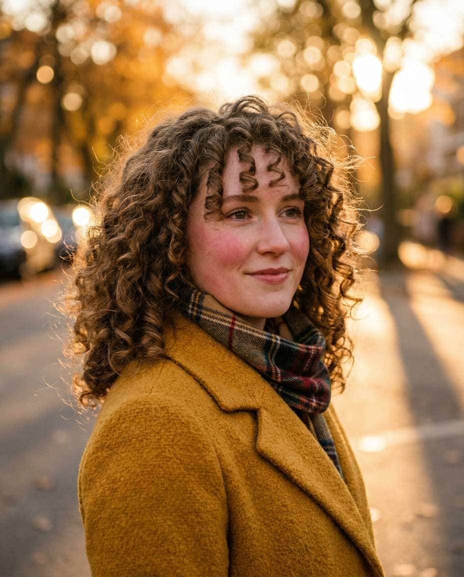 Autumn Coat Spiral Curls AI portrait example — Test 25 Curly Hairstyles with Gemini AI Prompt and See What Suits Your Texture