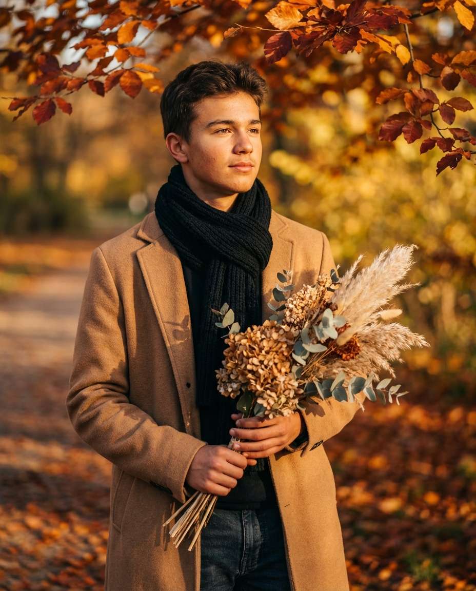 Autumn Dried Bouquet AI portrait example — AI Flower Photo Prompt for Boys