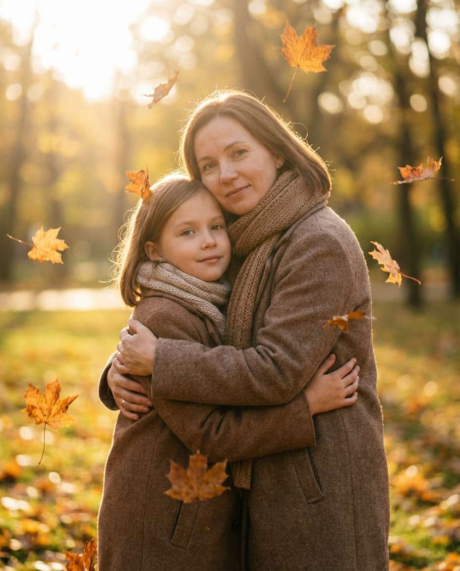 Autumn Leaves Nostalgia AI portrait — Gemini Hug My Youngself Prompt