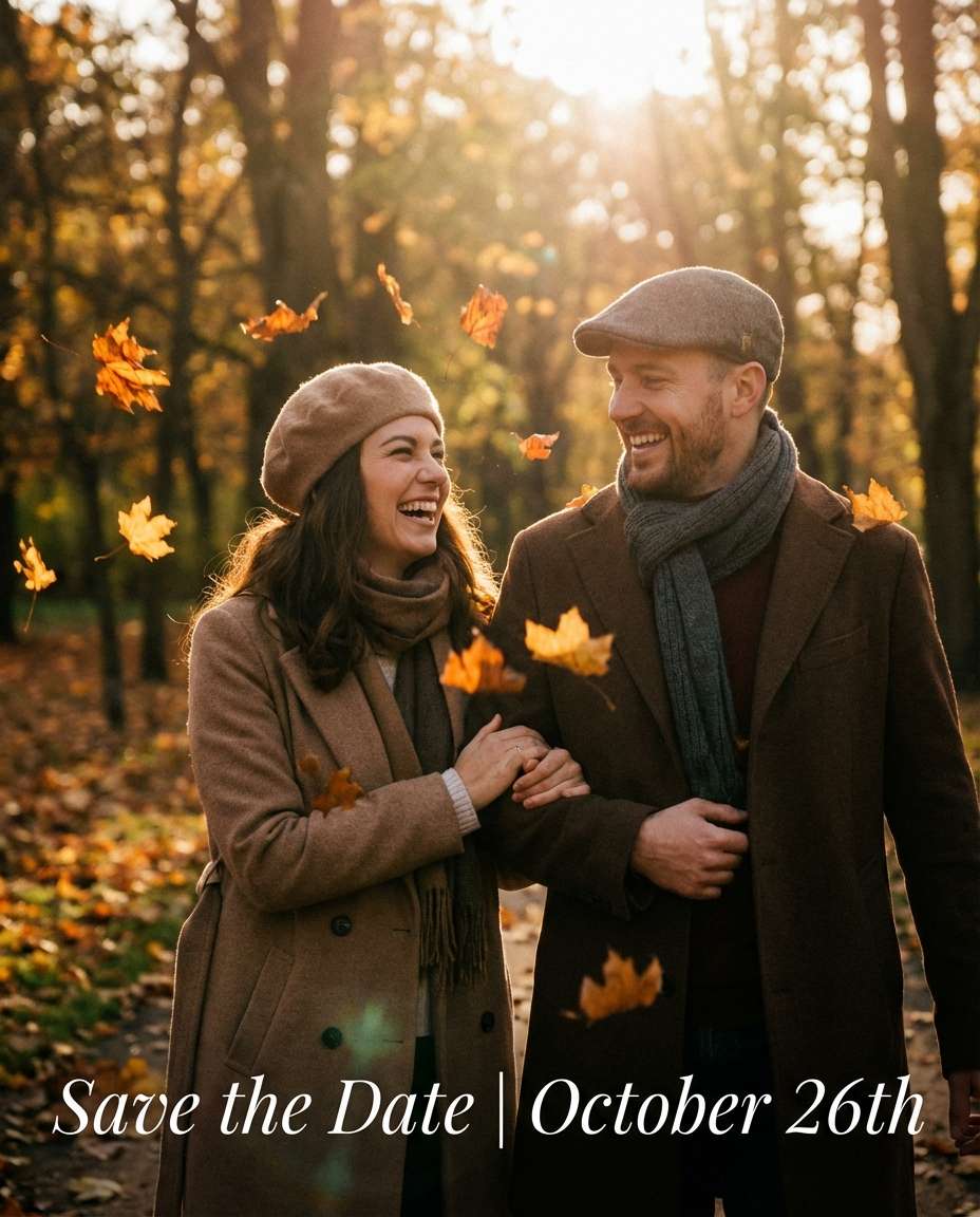 Autumn Park Walk AI portrait — Gemini AI Save The Date Prompt