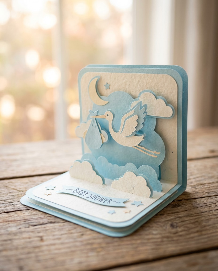 Baby Shower Stork AI portrait example — AI 3D Pop-up Card Prompt
