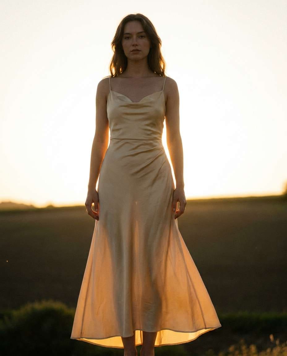 Backlit Silhouette Glow AI portrait — Gemini AI Silk Dress Prompt