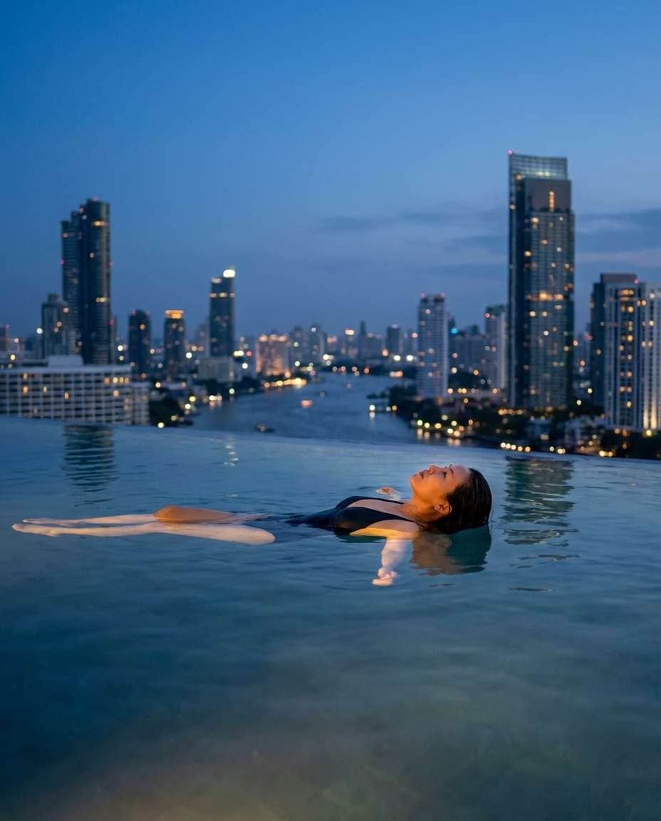 Backstroke Skyline AI portrait example — Gemini AI Swimmer Photo Prompts