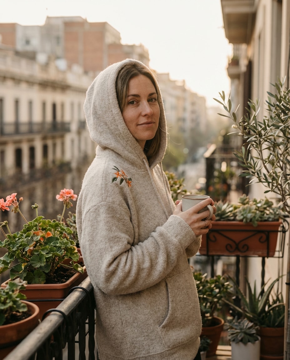 Balcony Morning Coffee AI portrait — Gemini AI Barcelona Hoodie Prompt