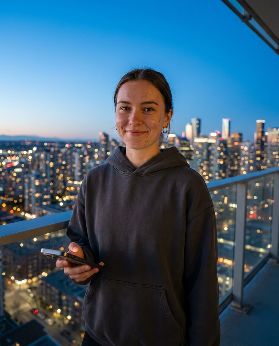 Balcony Skyline Selfie AI portrait — Gemini AI Blue Hour Photo Prompt