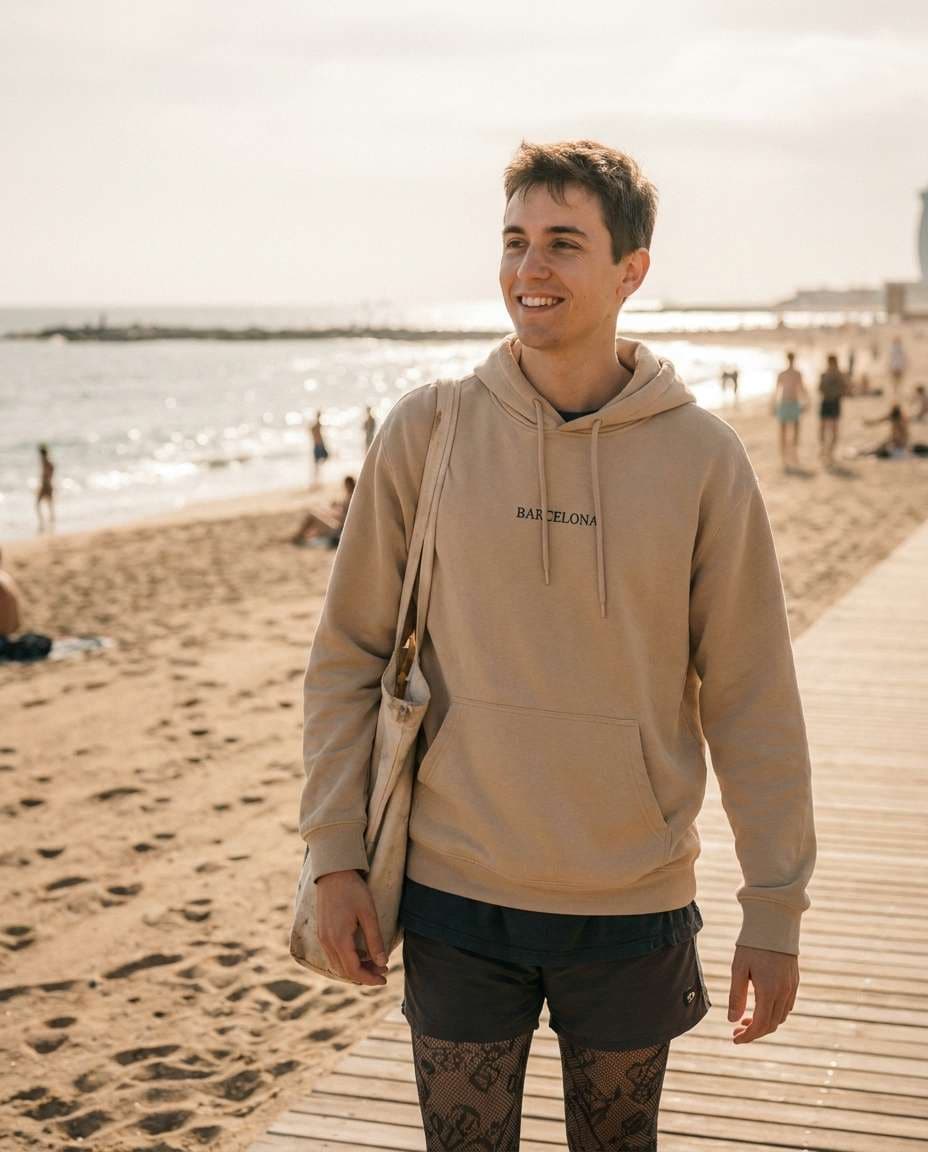 Barceloneta Beach Wind AI portrait — Gemini AI Barcelona Hoodie Prompt