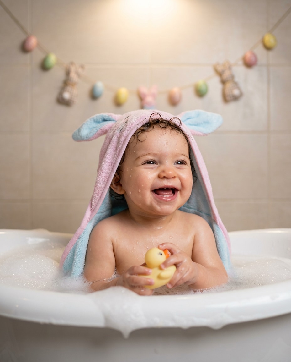 Bath Time Bunny Bubbles AI portrait example — AI Easter Baby Photography Prompt