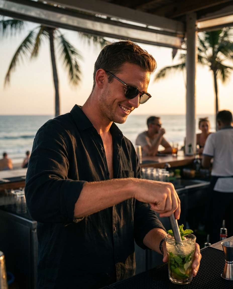 Beach Bar Sunset AI portrait example — Gemini AI Bartender Photo Prompts