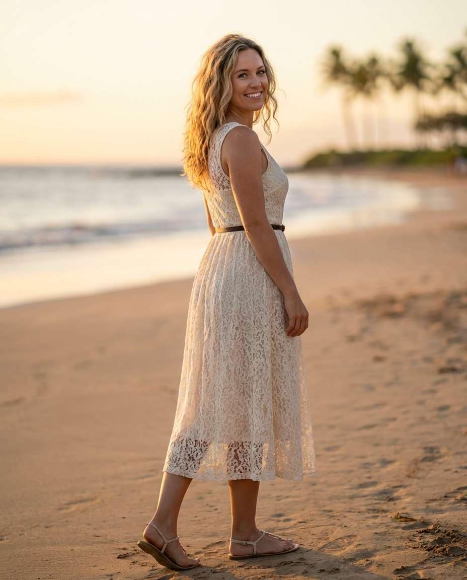 Beach Dinner Lace AI portrait example — Gemini AI Lace Dress Prompt