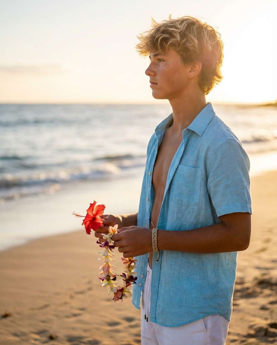 Beach Florals Sunset AI portrait — Gemini AI Flower Photo Prompt for Boys