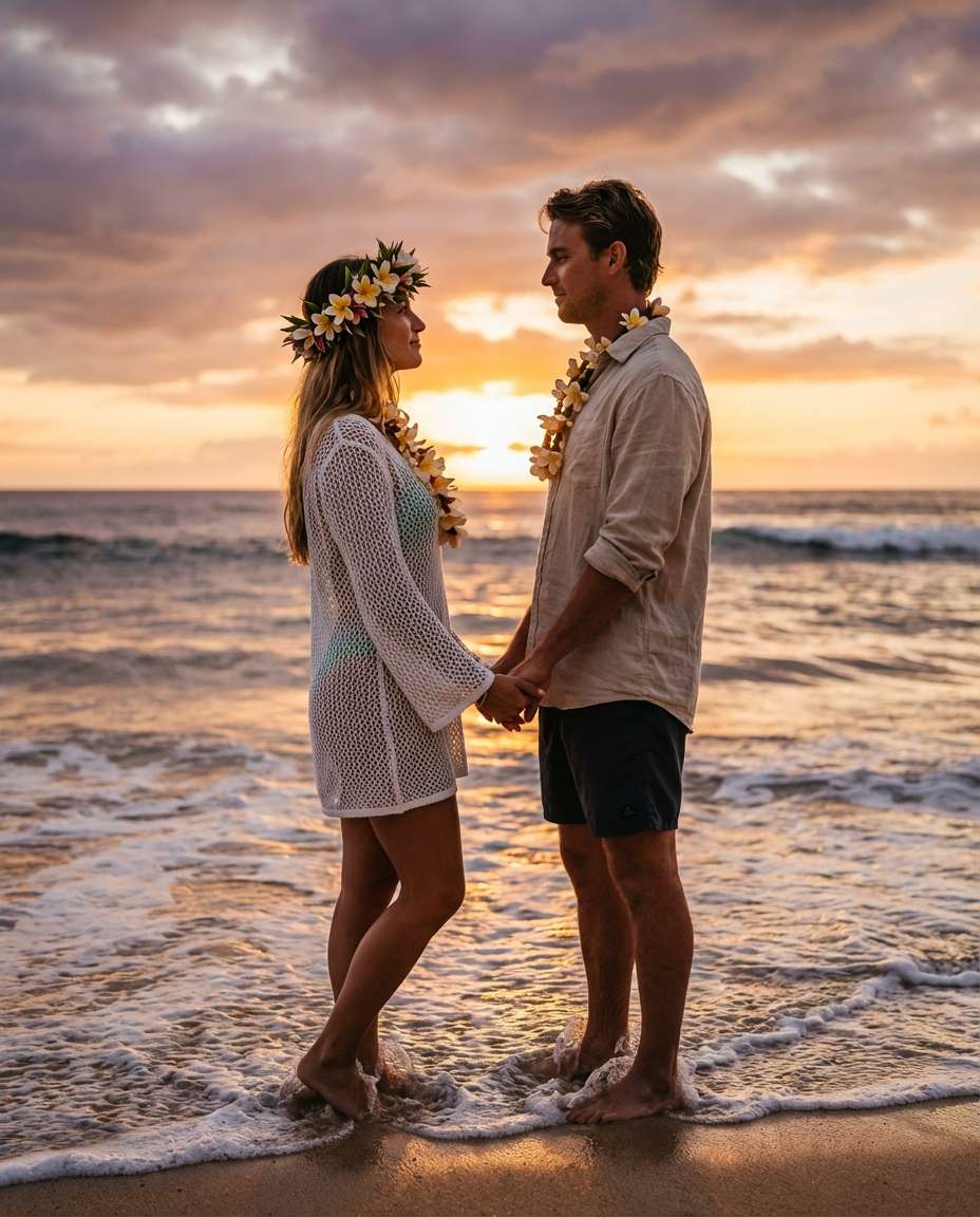 Beach Lei Romance AI portrait example — AI Couple Flower Photo