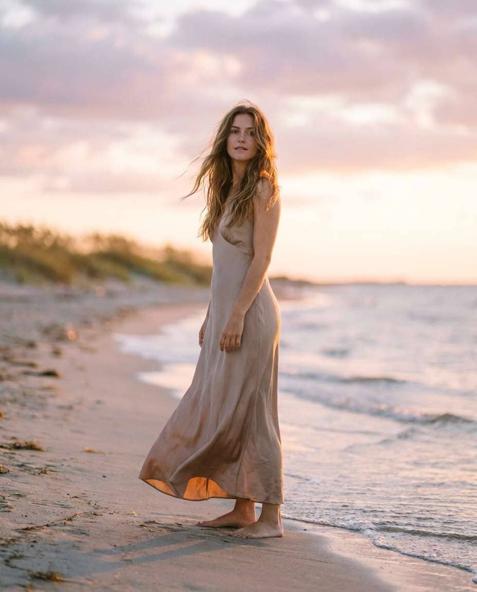 Beach Sunset Drape AI portrait — Gemini AI Silk Dress Prompt