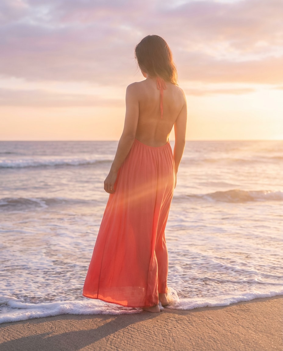 Beach Sunset Silhouette AI portrait — Gemini AI Backless Dress Prompt