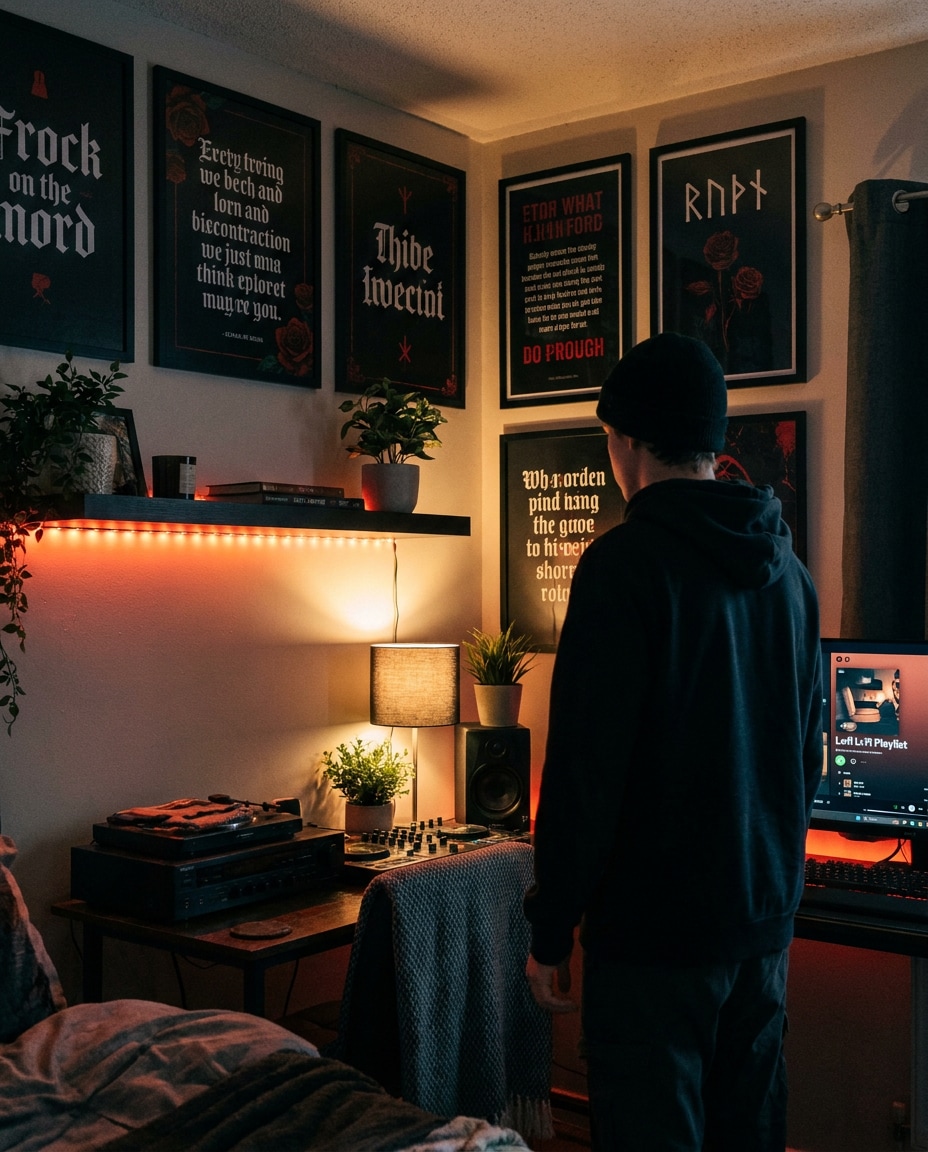 Bedroom Mood Wall AI portrait — Gemini AI Dark Aesthetic Poster Prompts