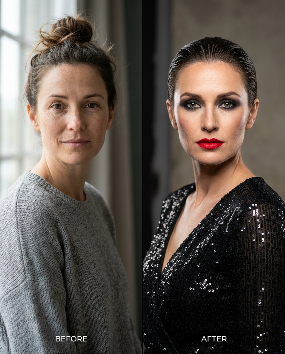 Before and After Glow Up AI portrait — AI Split Photo Prompt