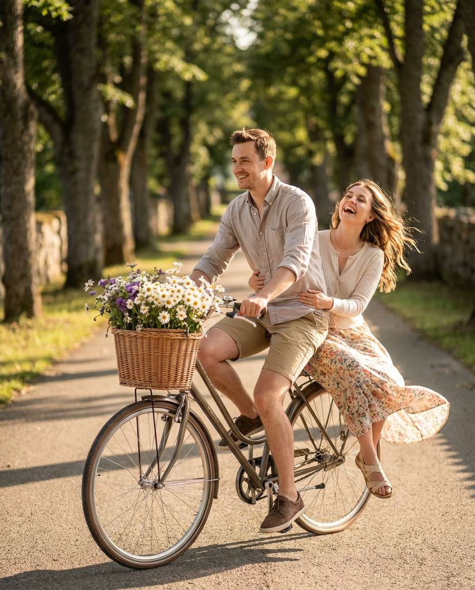 Bike Basket Flower Ride AI portrait example — AI Couple Flower Photo