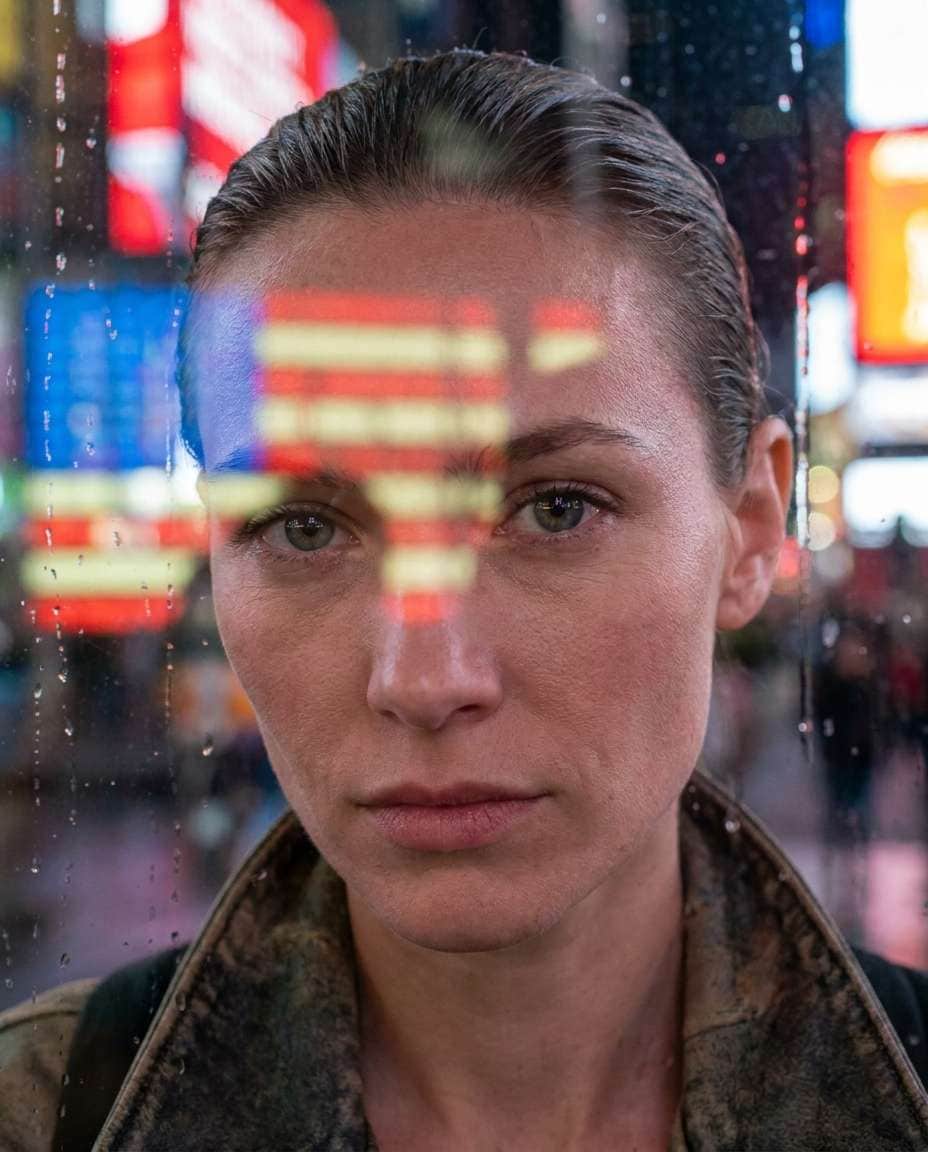 Billboard Reflection Glass AI portrait example — Gemini AI Photo Prompt Times Square