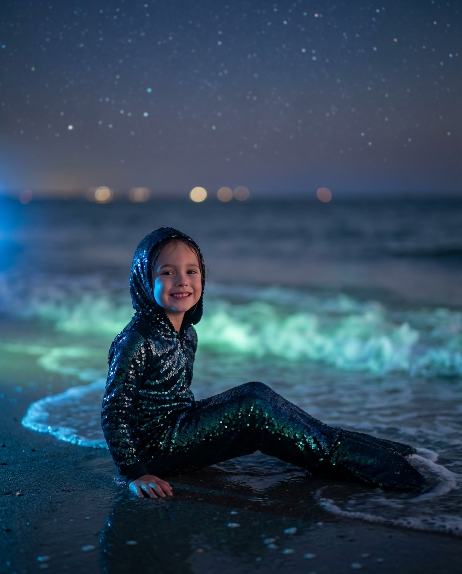 Bioluminescent Night Sea AI portrait example — Gemini Mermaid Kids Photoshoot Prompts