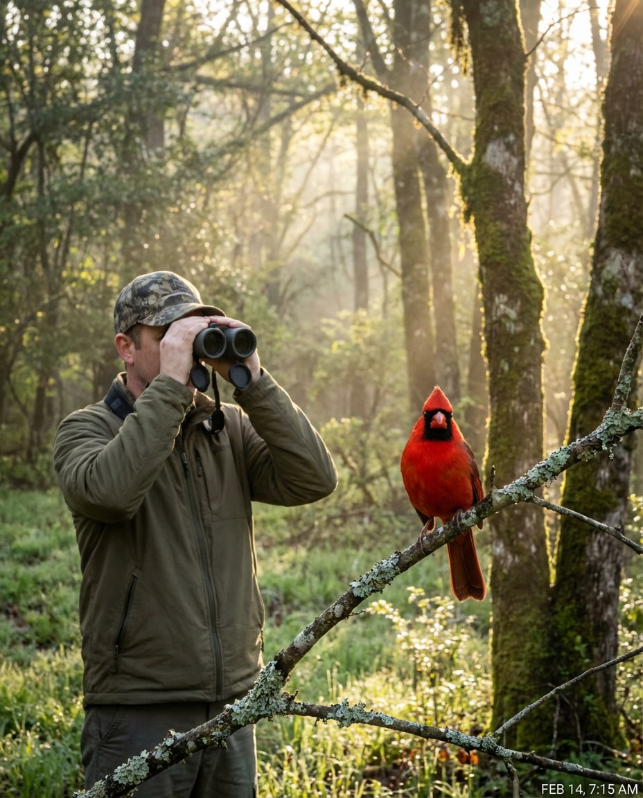 Birdwatcher Binocular Scene AI portrait — Gemini AI Bird Prompt