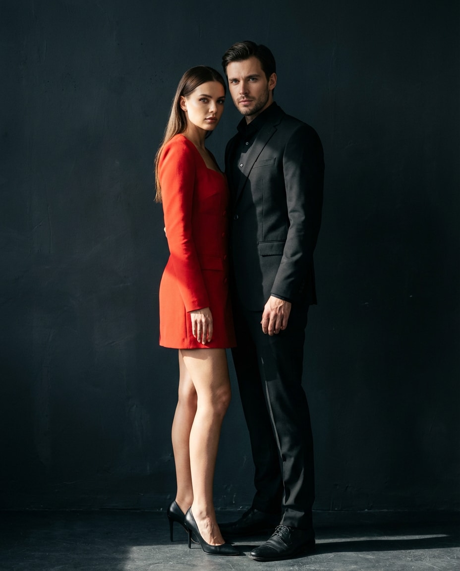 Black And Red Duo AI portrait — Gemini AI Hot Dress Couple Prompt