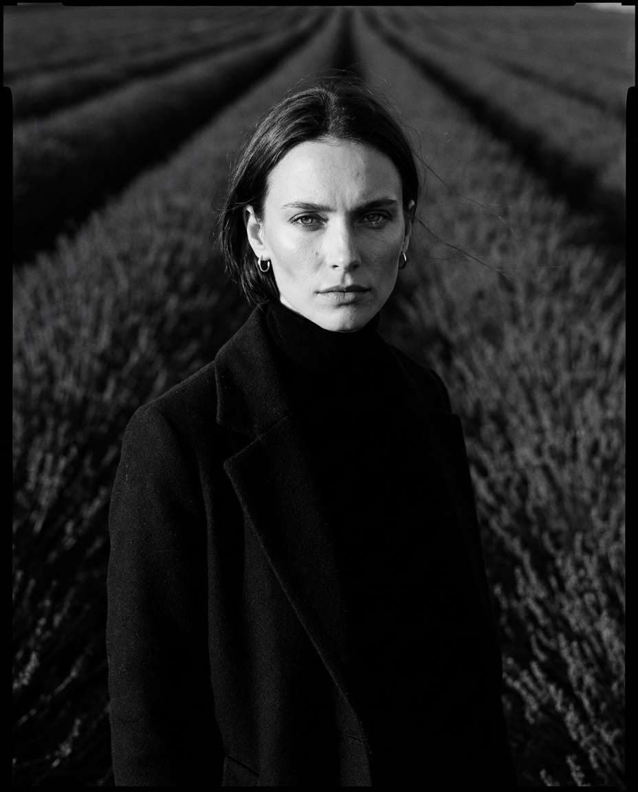 Black and White Drama AI portrait example — AI Lavender Field Photo