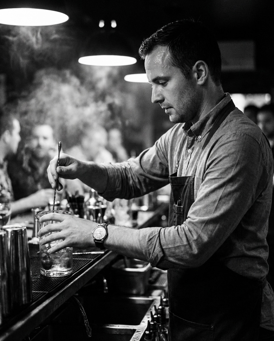 Black and White Film AI portrait example — Gemini AI Bartender Photo Prompts