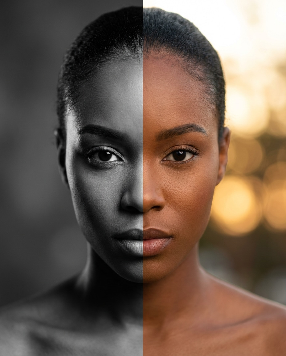 Black and White vs Color AI portrait — AI Split Photo Prompt