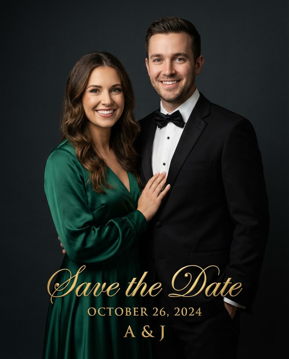 Black Tie Studio AI portrait — Gemini AI Save The Date Prompt