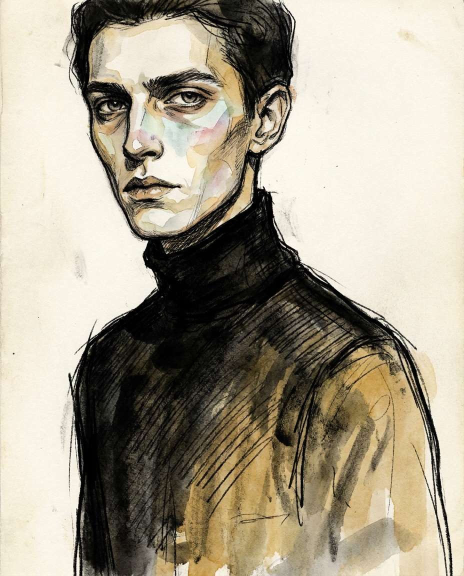 Black Turtleneck Study AI portrait example — Gemini & ChatGPT AI Egon Schiele Art Prompts