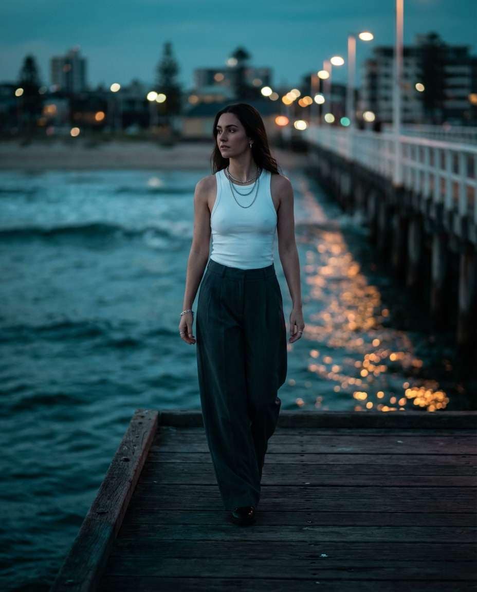 Blue Hour Pier Walk AI portrait — Gemini AI Prompt Sza Over The Sea