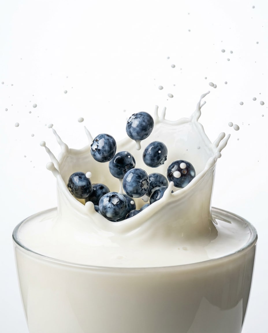 Blueberries in Milk Splash AI portrait example — AI Blueberry Image Prompts for Gemini & ChatGPT
