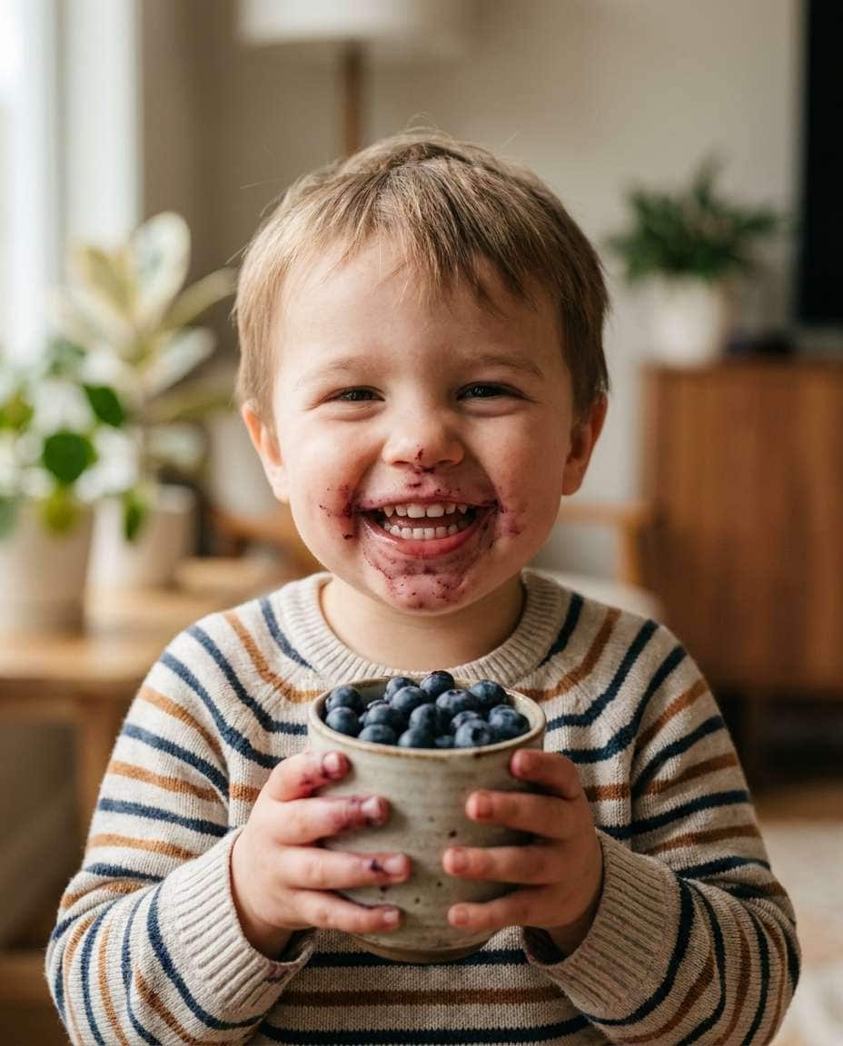 Blueberry Stained Smile AI portrait example — AI Blueberry Image Prompts for Gemini & ChatGPT