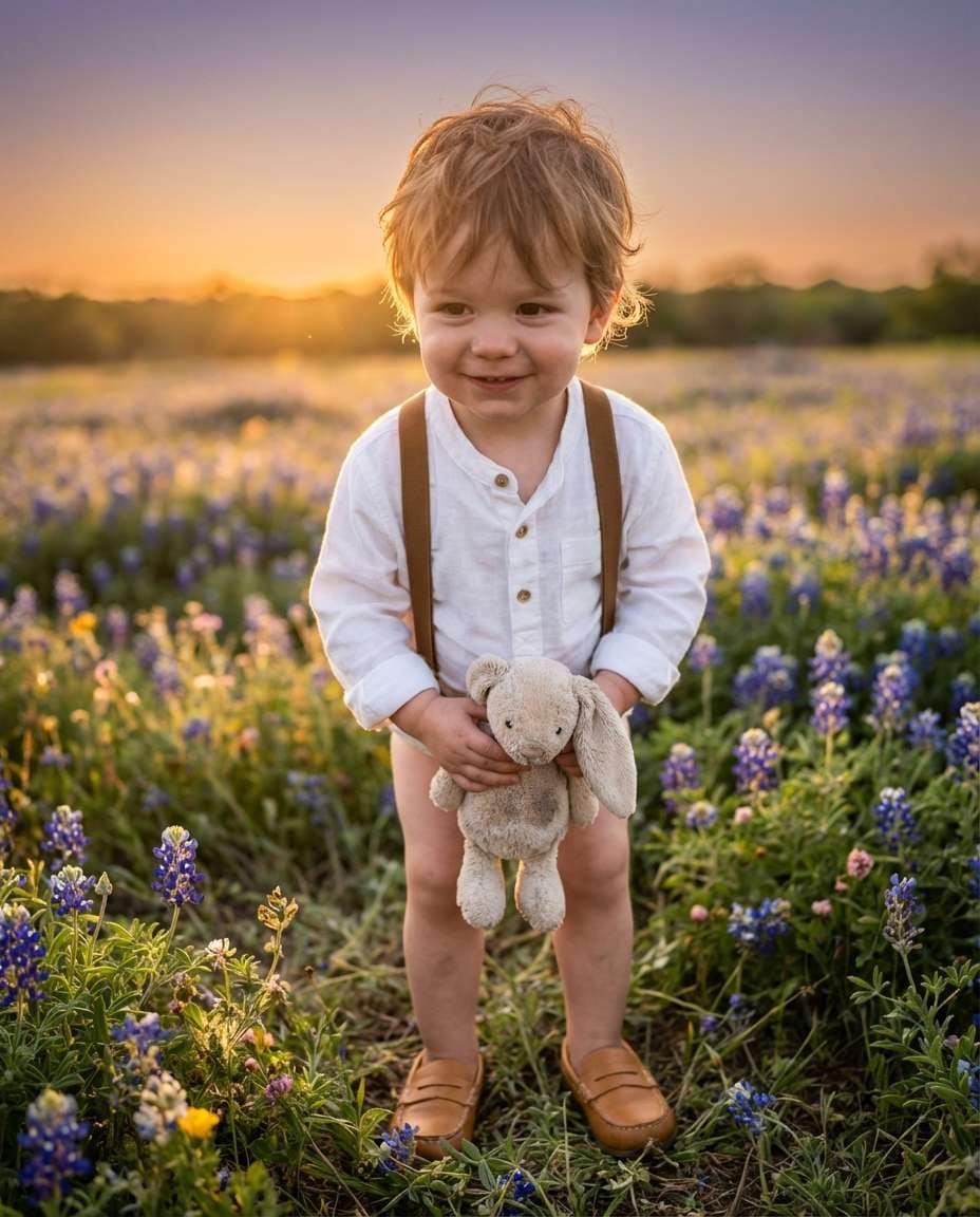 Bluebonnet Field Portrait AI portrait example — AI Easter Baby Photography Prompt
