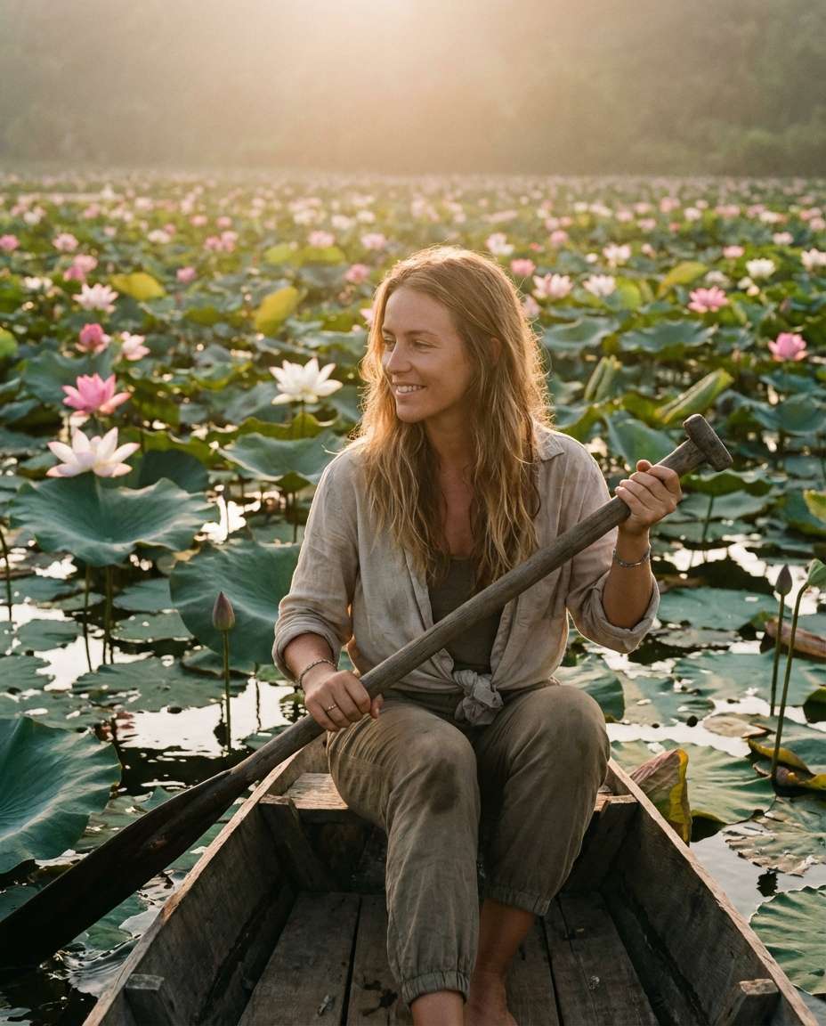Boat Ride Lotus Lake AI portrait