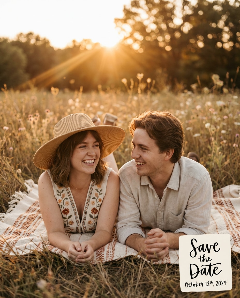 Boho Field Picnic AI portrait — Gemini AI Save The Date Prompt