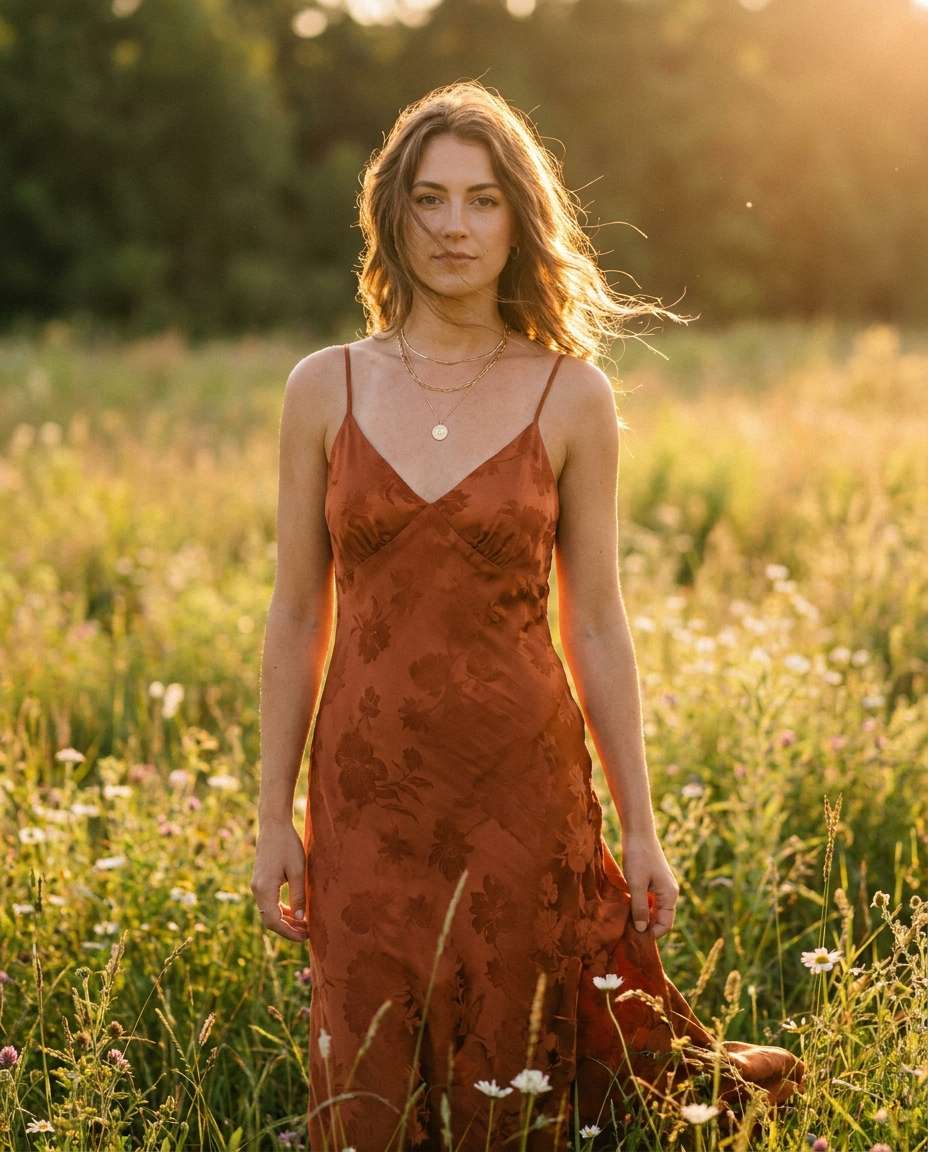 Boho Silk Maxi AI portrait example — Gemini AI Silk Dress Prompt