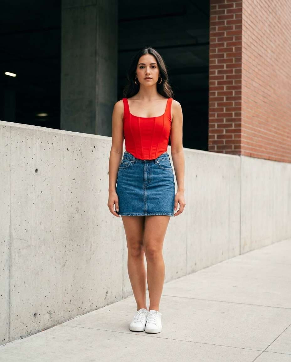 Bold Color Pop Top AI portrait — Gemini AI Denim Skirt Prompt