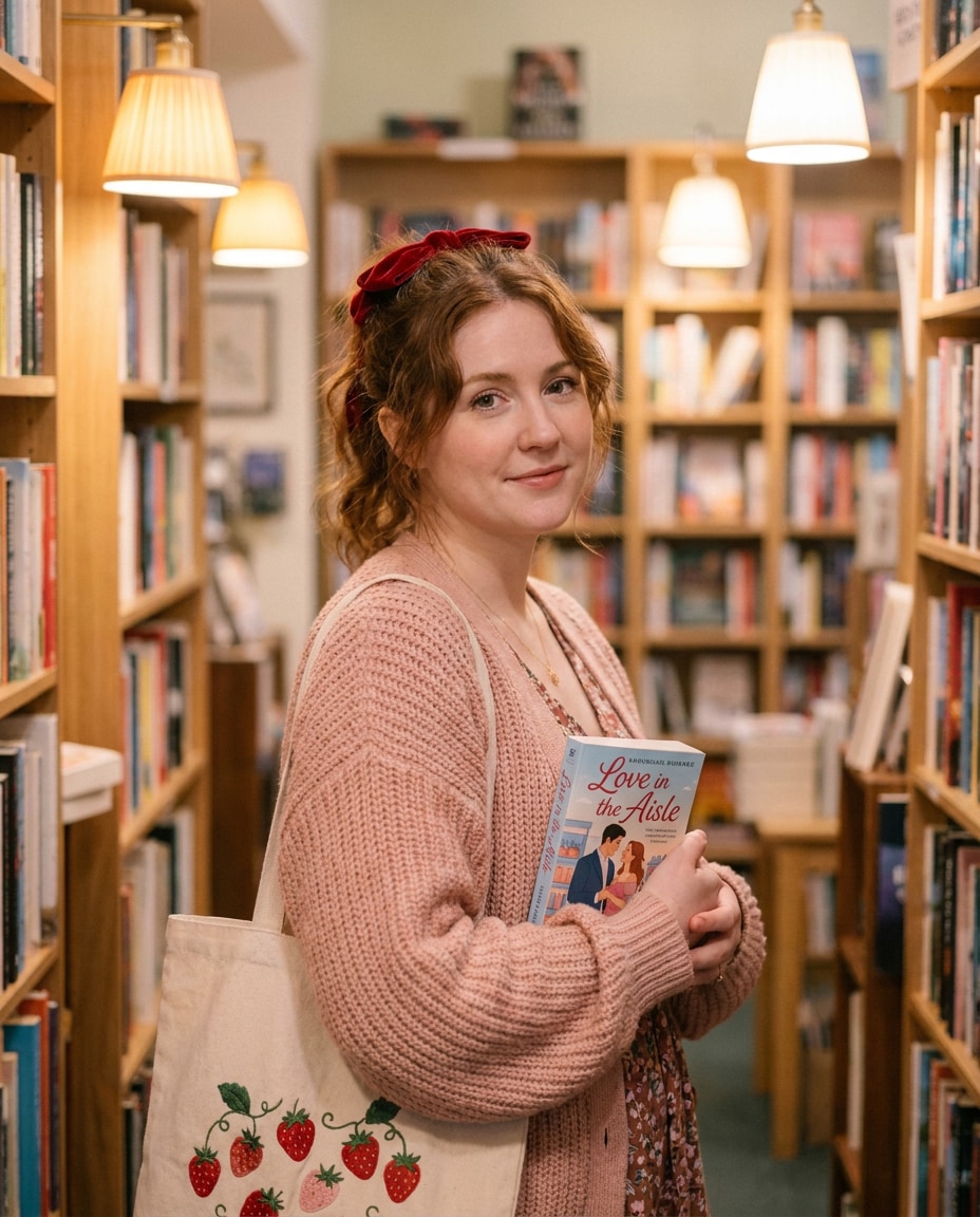Bookstore Soft Pink AI portrait — Strawberry Aesthetic Prompts for Gemini & ChatGPT