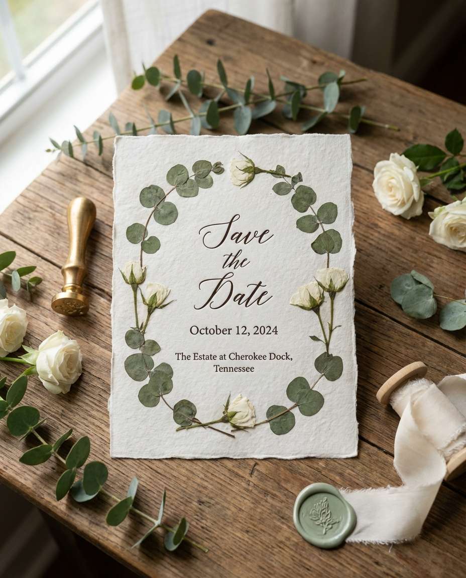 Botanical Flat Lay Card AI portrait — Gemini AI Save The Date Prompt