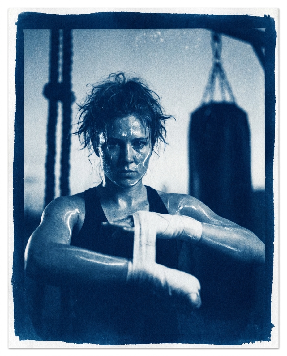 Boxing Gym Power AI portrait example — Free AI Cyanotype Photo Prompts for Gemini & ChatGPT