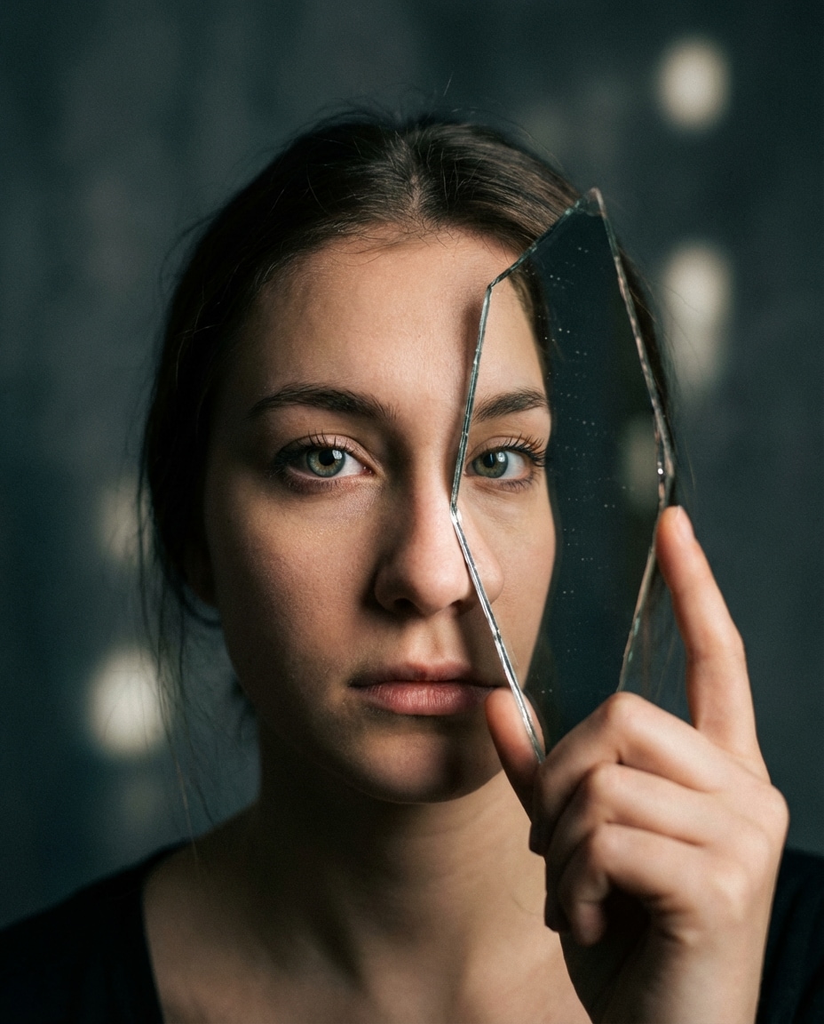 Broken Mirror Split AI portrait example — Gemini AI Half Face Prompt
