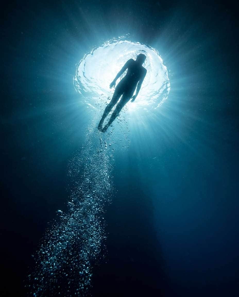 Bubble Trail Silhouette AI portrait example — Gemini AI Underwater Prompt