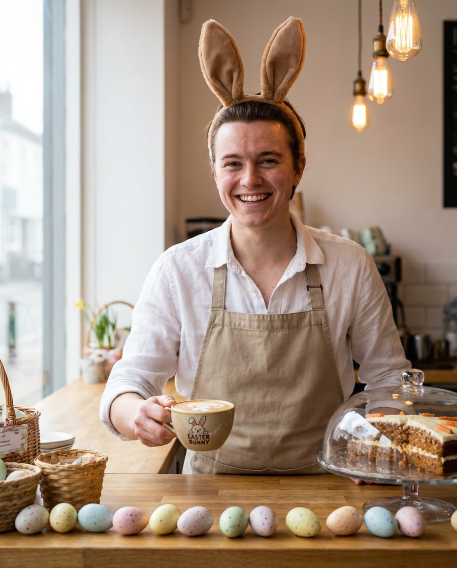 Bunny Barista Cafe AI portrait example — AI Easter Bunny Photography Prompt