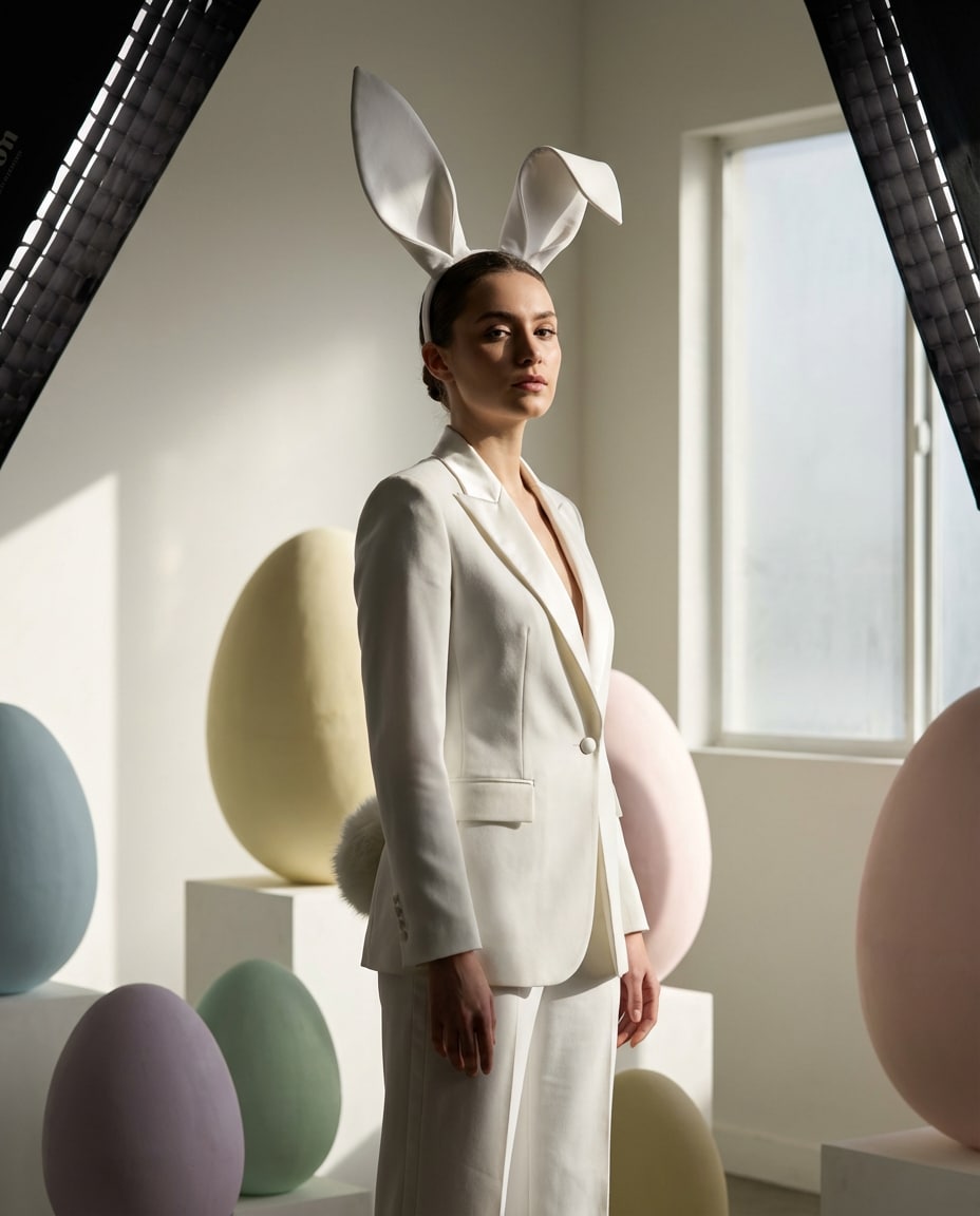 Bunny Costume Editorial AI portrait example — AI Easter Bunny Photography Prompt