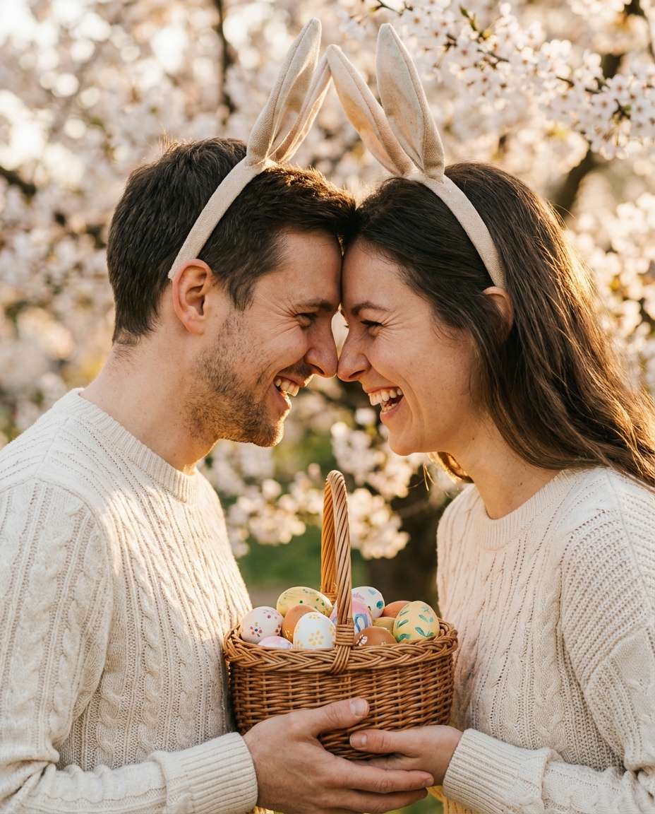 Bunny Ears Couple Laugh AI portrait example — AI Easter Bunny Photography Prompt