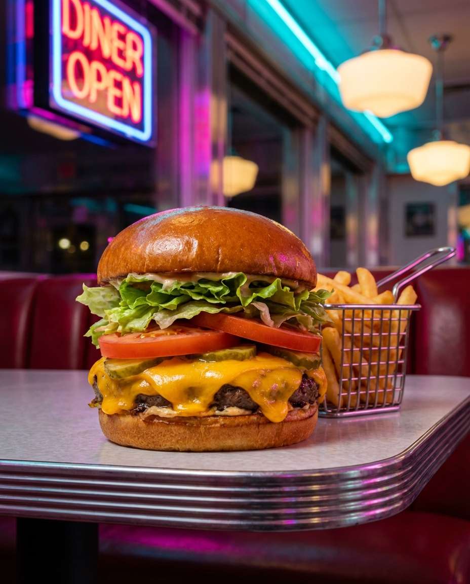 Burger Neon Diner AI portrait example — AI Food Photography Prompt