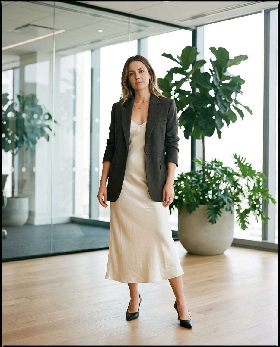 Business Chic Layering AI portrait — Gemini AI Silk Dress Prompt