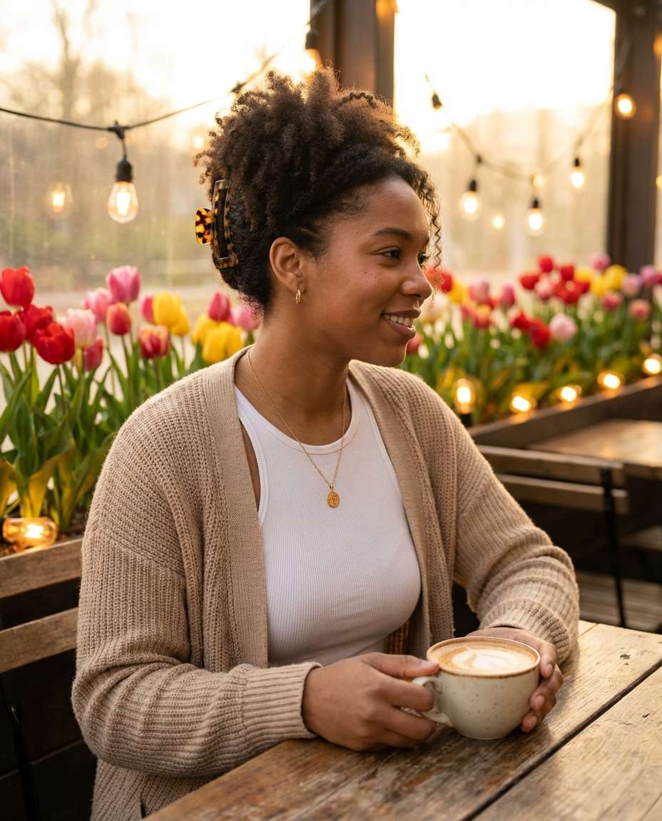 Cafe by Tulips AI portrait example — AI Tulip Garden Photography Prompt