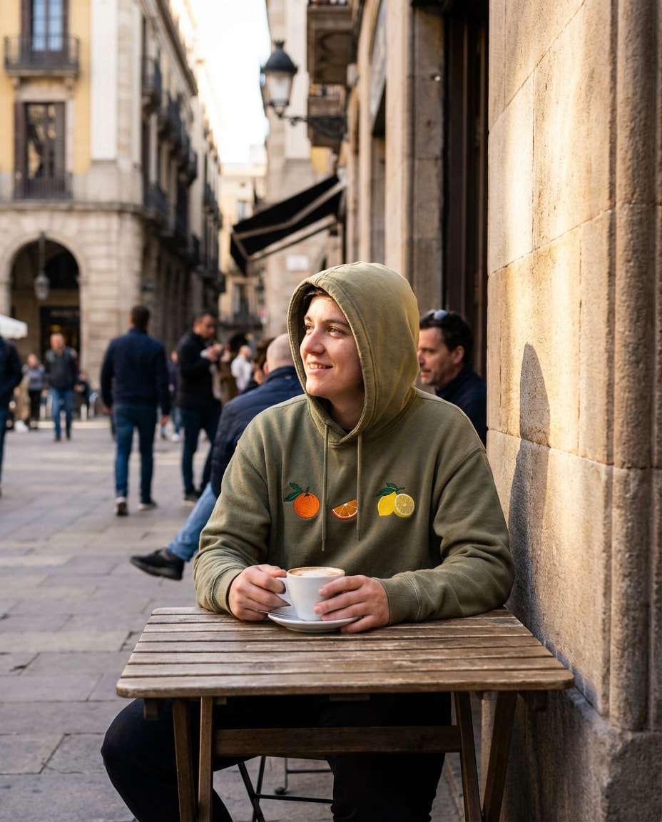 Cafe Corner Casual AI portrait — Gemini AI Barcelona Hoodie Prompt